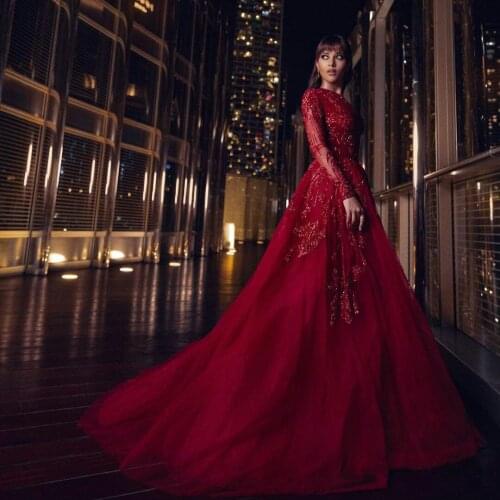 Arabic Red Evening Dresses for Women Long Sleeves A Line Sequins Prom Dress Party Wear Formal Robe De Soirée Sweep Train