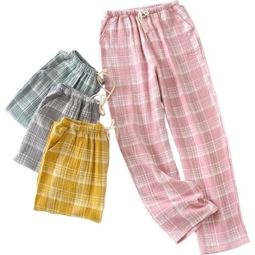 Casual plaid 100% crepe cotton sleep bottoms women Spring home trousers pijama pants women pyjamas sleep trousers
