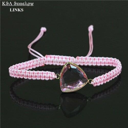 Pink color crystal quartz gem stone bracelet,triangle bezel beads macrame braiding fashion bracelet