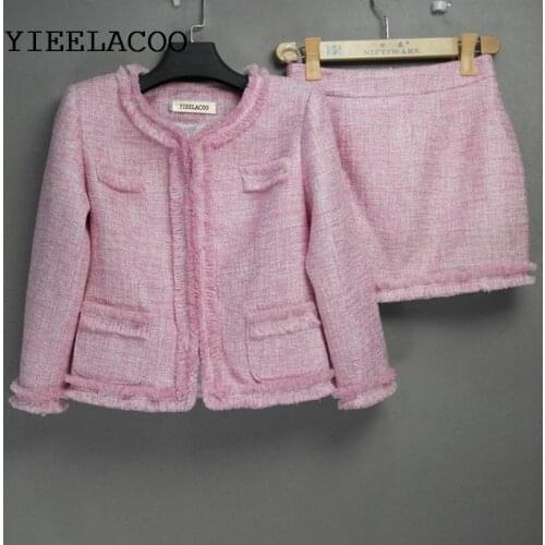 Pink tweed jacket + skirt suit Elegant spring / autumn /autumn new womens jacket office ladies aristocratic nap skirt suit