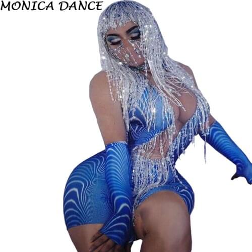 Sexy Stage Crystals Chain Blue Skinny Short Dress Headwear Nightclub Evening Party Dress Female Singer Stage Performance Outfits