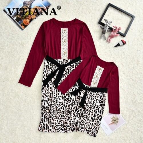 Girls and Mother Vintage Parent-child Dress Spring 20212 Female Long Sleeve Wine Red Party Dresses Family Matching Outfits