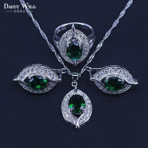 Eye Silver Color Jewellery Costume Women Wedding Jewelry Sets of Green Zircon Earrings Necklace Rings Set Gift Box