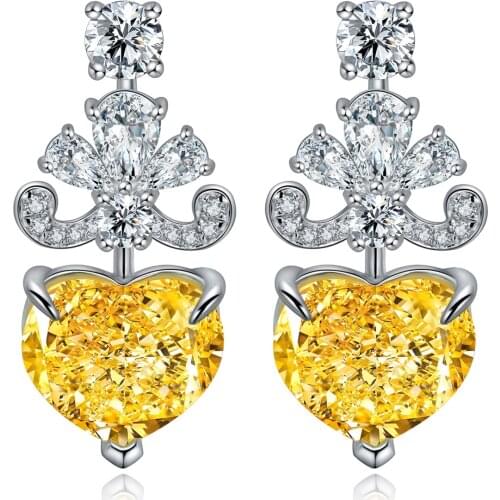 Zhanhao Jewelry 3ct*2p 10.8*9mm S925 Silver Heart Shaped Simulated Yellow Diamond Dangle Earrings For Women