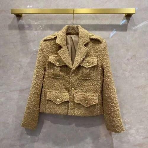American European womens and clothing 2021 winter new style Long sleeved suit collar Fashionable pocket tweed coat