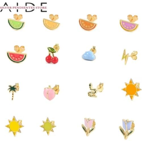 AIDE 1PCS INS Drip Oil Stud Earrings For Women 925 Sterling Silver Flower Fruit Palm Tree White Cloud Shape Earrings Earring