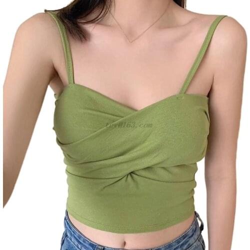 Women Summer Twisted Front Sleeveless Crop Top Sexy V-Neck Ribbed Knitted Camisole Push Up Padded Solid Color Sling Vest