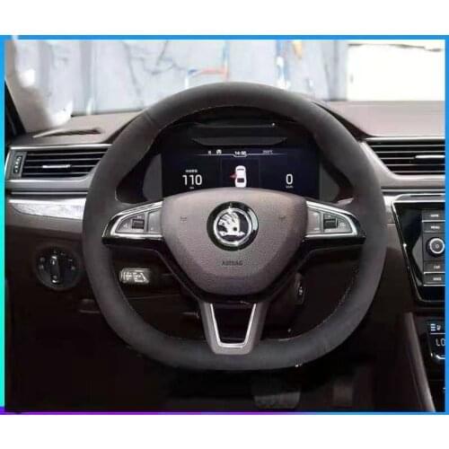For Skoda SUPERB DIY custom black suede car interior steering wheel cover car accessories