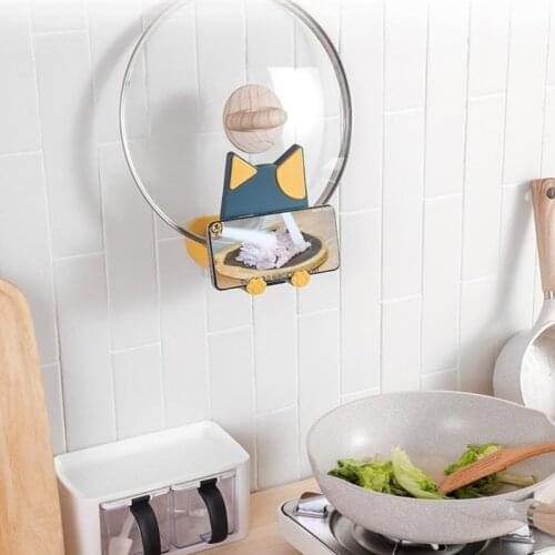 E7CC Kitchen Wall Mount Pot Lid Stand with Phone Holder Self Adhesive Pan Cover Rack