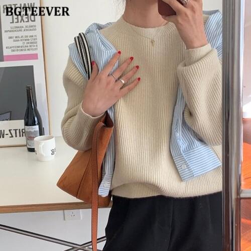 BGTEEVER Elegant Thicken Warm Solid Sweaters for Women Autumn O-neck Loose Casual Full Sleeve Ladies Knitted Pullovers 2021