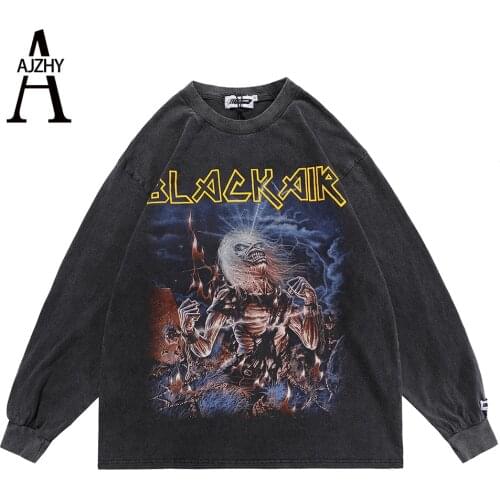 Washed T Shirt Oversize Streetwear Hip Hop Mens Tshirt Long Sleeve Autumn Loose Graphic Print T-Shirt Cotton Tops Tees Black