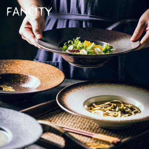 FANCITY Internet celebrity large restaurant ceramic plate creative black large size deep soup plate fashionable dish color dish