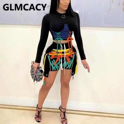 Two Piece Chic Streetwear Suits Long Sleeve Lace Up Crop Top & Drawstring Detail Shorts Set