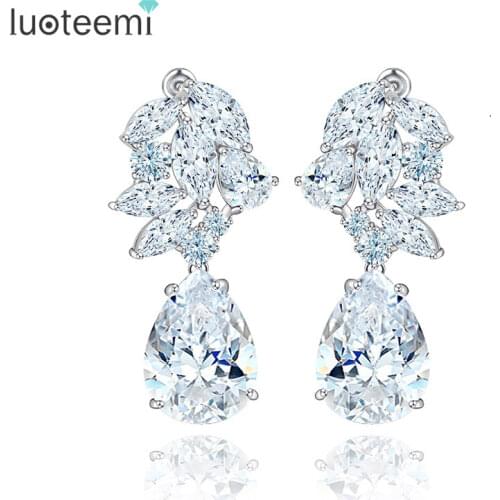 LUOTEEMI Latest Design Women Trend Quality Top Grade CZ Crystals New Wedding Jewelry Bridal Waterdrop Earrings White Gold-Color