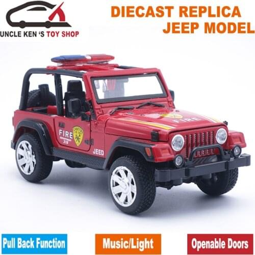 Diecast Fire Engine Model, Jeep Toys Replica Cars, Boys Gift With Box/Openable Doors/Sound/Light/Pull Back Function As Souvenir
