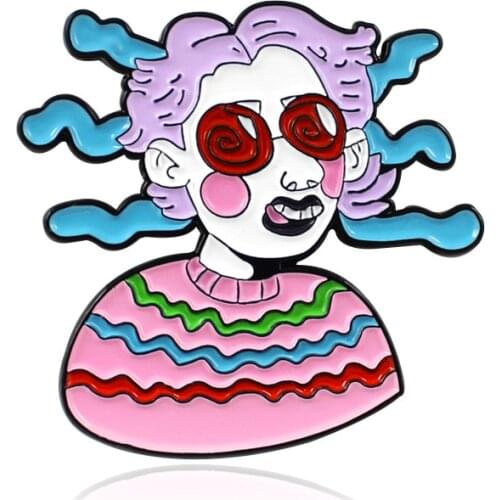 HOSENG Trendy Funny Instant Noodle Hairstyle Girl Rock Punk Enamel Jewelry Accessories Brooch Fashion Backpack Lapel Pin HS_327