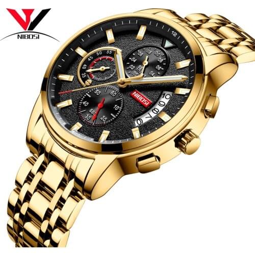 NIBOSI Mens Watches Top Brand Luxury 2019 Chronograph Men Watches Sport Wristwatch Waterproof Gold Relogio Stainless Steel