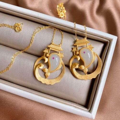 New silver inlaid natural Hetian white jade pendant necklace Chinese ancient unique sand gold craft light luxury womens jewelry