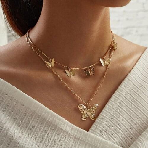 Creative New Hollow Butterfly Exquisite Necklace Pendant Women Fashion Gold Color Double Layer Clavicle Chain Necklaces