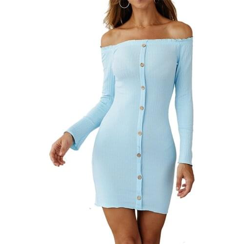 Autumn Women Sexy Solid Color Strapless Mini Sheath Dress With Creative Button Wavy Edge Long Sleeve Off Shoulder Knit Bodycon