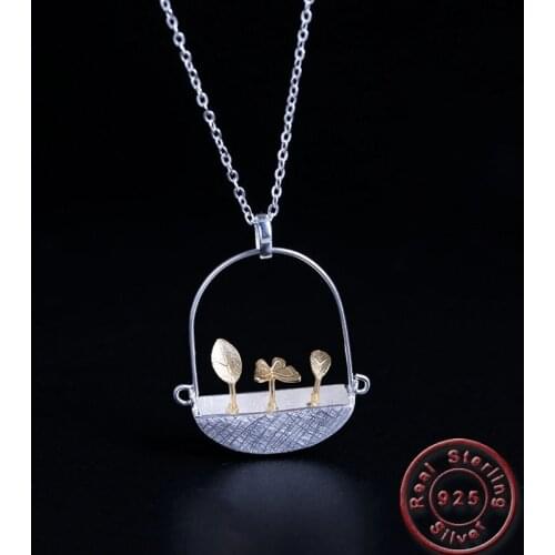 Amxiu Handmade 925 Sterling Silver Jewelry Two Tones Leave Butterfly Pendant Necklace for Women Accessories Mothers Day Gifts