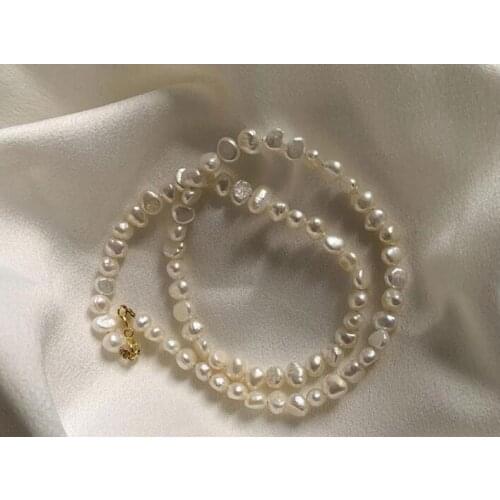 7-8mm white baroque flat Pearl necklace gold clasp natural Freshwater PEARL Women Jewelry 17'' 43cm 35cm