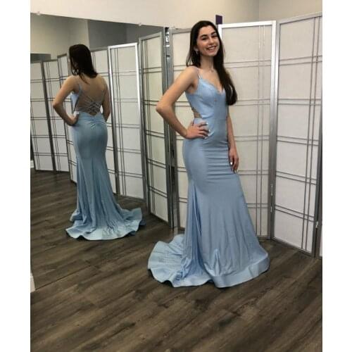 Sexy Light Blue Satin Long Mermaid Evening Dresses V-Neck Backless Design Abendkleider Robes de Soirée for Women