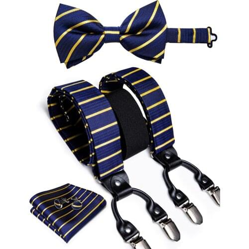 Blue Gold Suspenders For Men Leather 6 Clips Braces Trousers Strap Y Back Elastic Silk Suspender Bow Tie Set Mens Gift DiBanGu