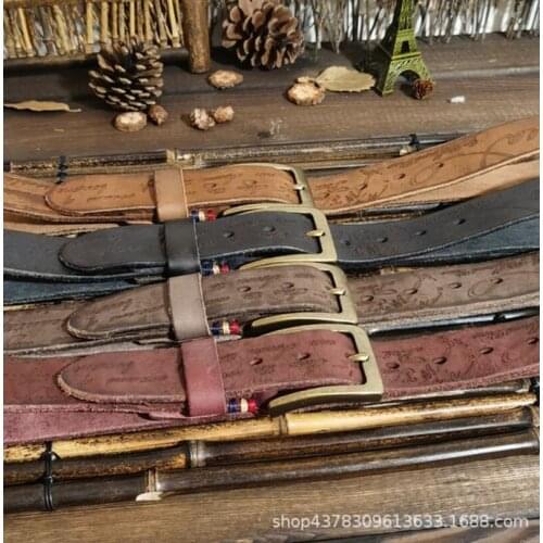 Personalized Fashion New Vintage Engraving Belt Mens Leather Pin Buckle Trend Pure Cowhide Jeans Belt