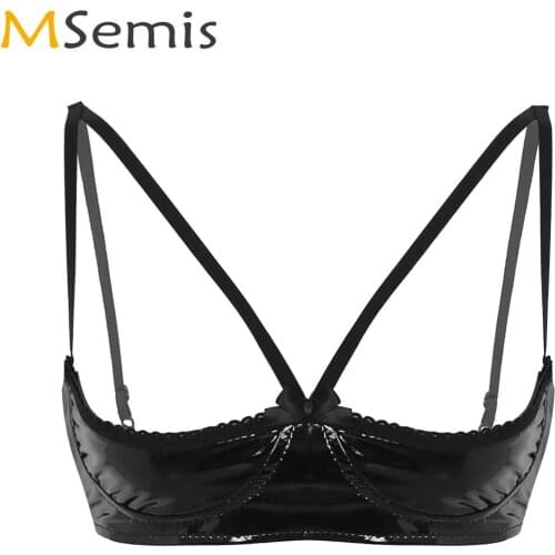 Women Lingerie Wet Look Faux Leather Bra Sexy Cupless Shelf Bra Top Femme Erotic Open Cups Bralette Wire-Free Unlined Bras Tops