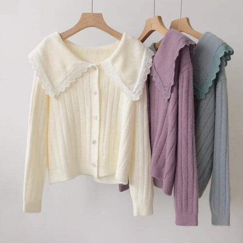 Doll collar sweater cardigan womens long-sleeved autumn/winter 2021 fashion temperament new Korean loose lace trim blouse