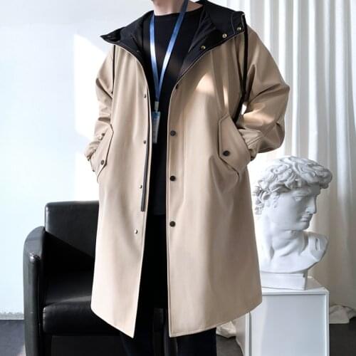 Trench Men Chic Fashion Turn Down Collar Hooded Trenchcoat Autumn Winter Single-breasted Fake Two Piece New Windbreaker Casual