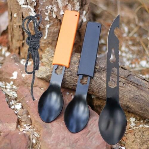 Outdoor Camping Cookware Multifunctional Fork and Spoon Stainless Steel Survival Tool Wrench With Rope
