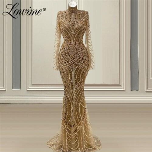 Heavy Crystals Beaded Champagne Evening Dresses 2021 Couture Formal Muslim Dubai Long Sleeves Party Gown For Weddings Prom Dress