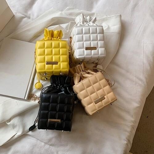 Women PU Checker Bag Drawstring Chain Messenger Vintage Solid Color Cube Purse Fashion Cell Phone Crossbody Messenger Bag