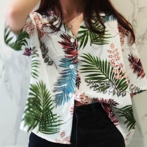 Women Retro Beach Print Shirt Oil Painting Print Design Blouse Girl Loose Lapel Tops Short Sleeve And Blouses 2021 New #T2G