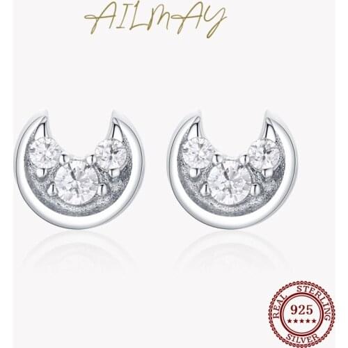 Ailmay Dazzling Clear Zircon Moon 925 Sterling Silver Stud Earrings For Women Wedding Engagement Fine Female Jewelry