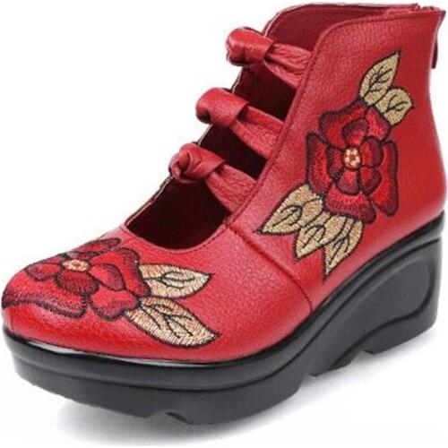 2020 Spring Embroidered Genuine Leather Shoes Thick Bottom Wedge Shoes Comfort Breathable Women Shoes Fashion High Heel Shoes