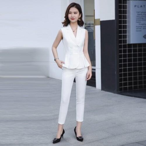 Elegant Formal Office OL Summer Short Sleeve Women Pant Suit Size S-4XL Slim Vest Sleeveless Jacket Blazer Pant Red 2 Pieces Set