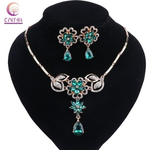 Flower Pendant Wedding African Bead Jewelry Sets for Women Fashion Gold-color Dubai Rhinestone Necklace Earrings Set