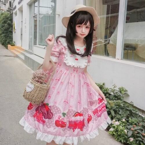 Sweet Afternoon Tea Sweet Womens Lolita OP Dress Short Sleeve Dress Peter Pan Collar Princess Dress Bows Trim One Piece Summer