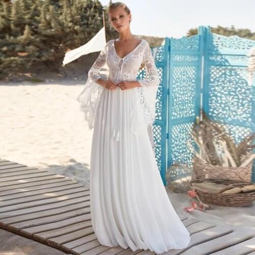 Bohemian Beach Wedding Dresses 2021 Long Flare Sleeve Lace Chiffon V-Neck Bridal Gown For Women Sweep Train Backless A-Line