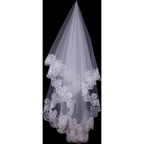 150cm Women Bridal Short Wedding Veil White One Layer Lace Flower Edge Appliques