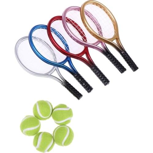 2Pcs 1:6 /1:12 Miniature Children Garden Mini Tennis Racket & Ball Gift Doll House Dollhouse Accessory