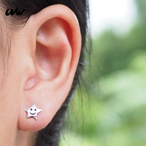 UVW058 2pc Punk Stainless Steel Pentagram Smile Face Earrings Stud for Women Silver Color Piercing Jewelry Pandientes Brincos