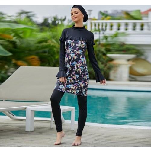 Women Muslim 3pcs Burkini with Hijab Cap Long Sleeve Ruffled Modest Swimsuit Islamic Stand Collar Burkini Muslim Swimwear