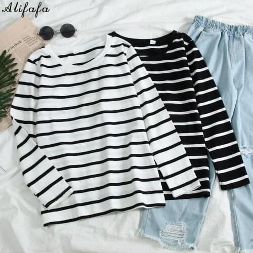 Base T-shirts Women Long Sleeve Korean Students Stripe Tshirt Fashion Leisure Slim Basic Womens Clothing Simple T Shirt футболка