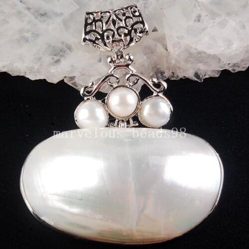 Free shipping 50x61x18mm Fashion Jewelry White Mother of pearl Shell Oval Pendant Bead MC3774