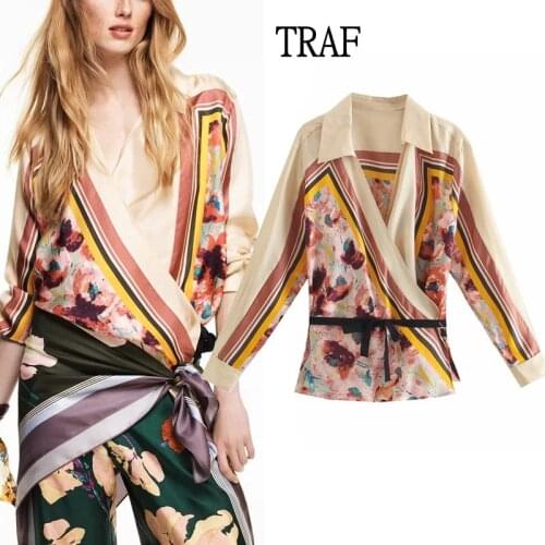 TRAF Za 2021 Womens Shirt Summer Print Long Sleeve Blouses And Shirts Fashion Bow Belt Vintage Top Womens Clothing Holiday