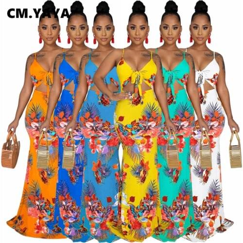 CMYAYA 2021 Women Summer Mermaid Maxi Dress Strap V-Neck Floral Print Night Club Party Beach Bohemian Long Dresses Vestido